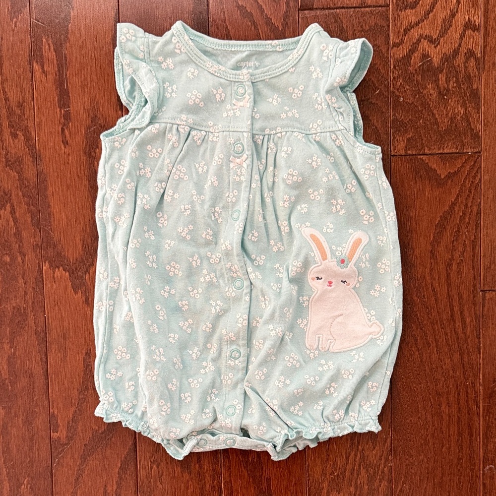Carter's Blue Floral Bunny Girls Baby Romper 9 Months